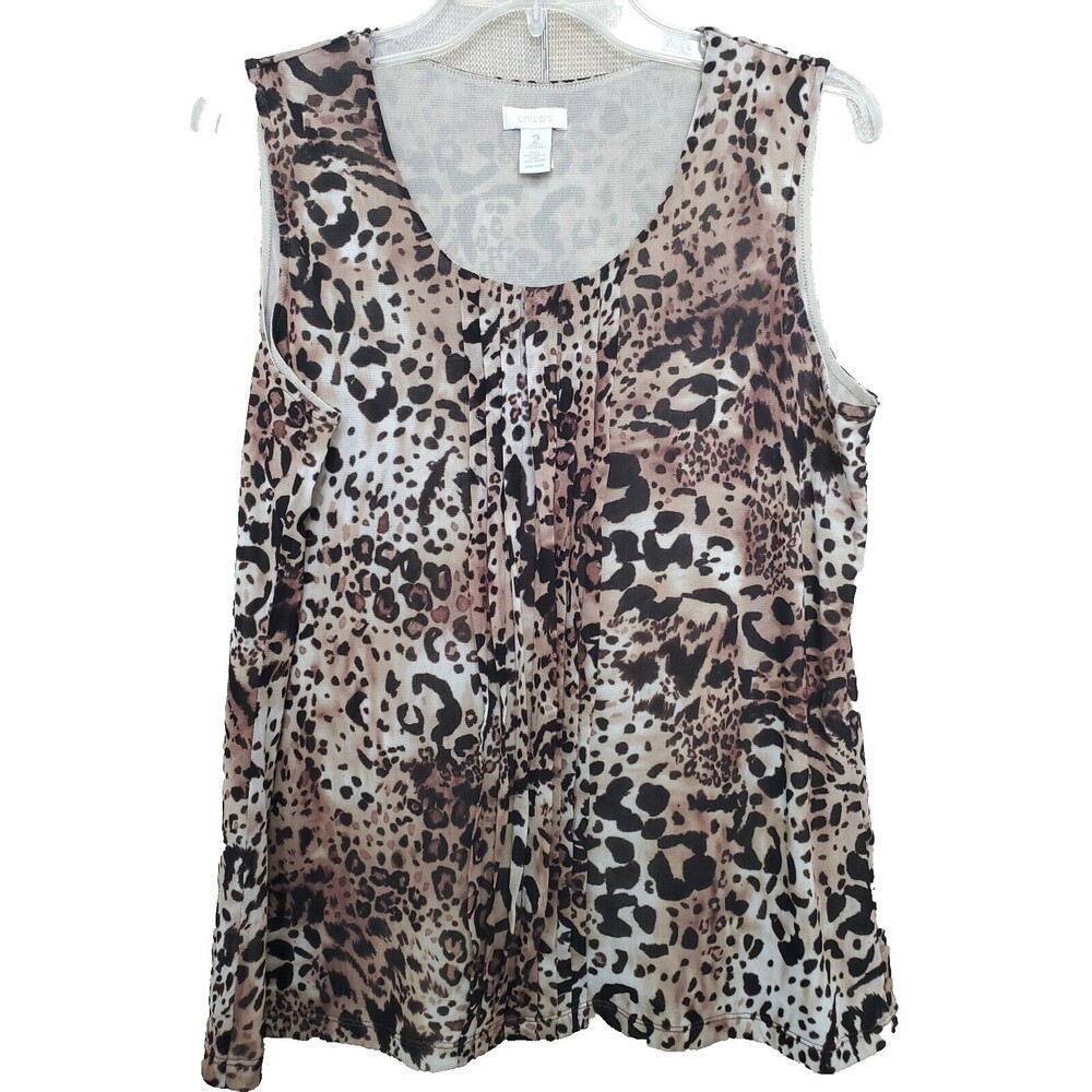 Chico's Brown Pleated Sleeveless Leopard Print Stretch Tank Top Size 2 Large